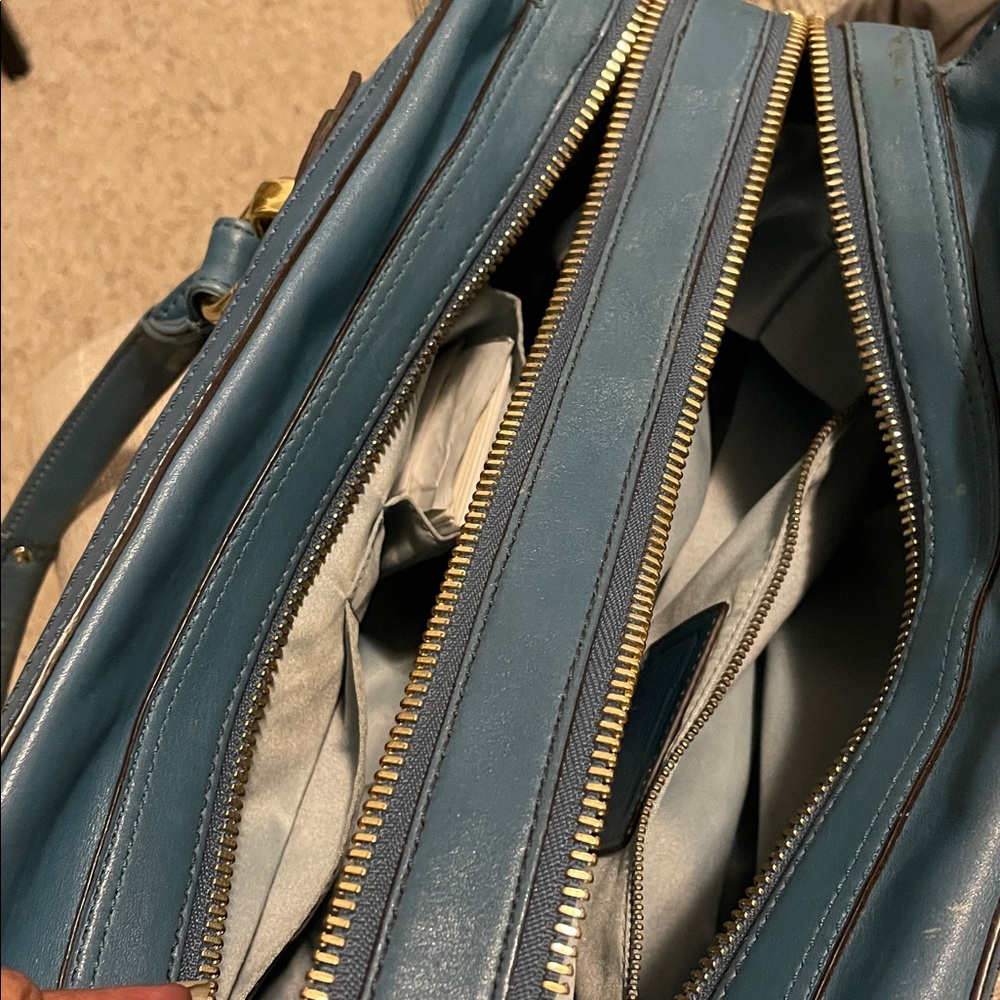 Coach Hampton Lindsay Satchel F12475 Teal Medium Size Structured Pockets Galore - Picture 14 of 16